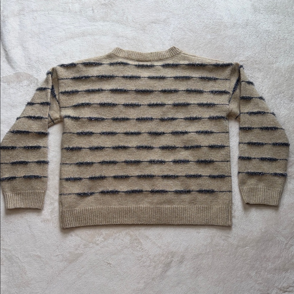 Studio B by Bobeau Tan Striped Sweater Eyelash Metallic Silver Trim Medium - Picture 8 of 9